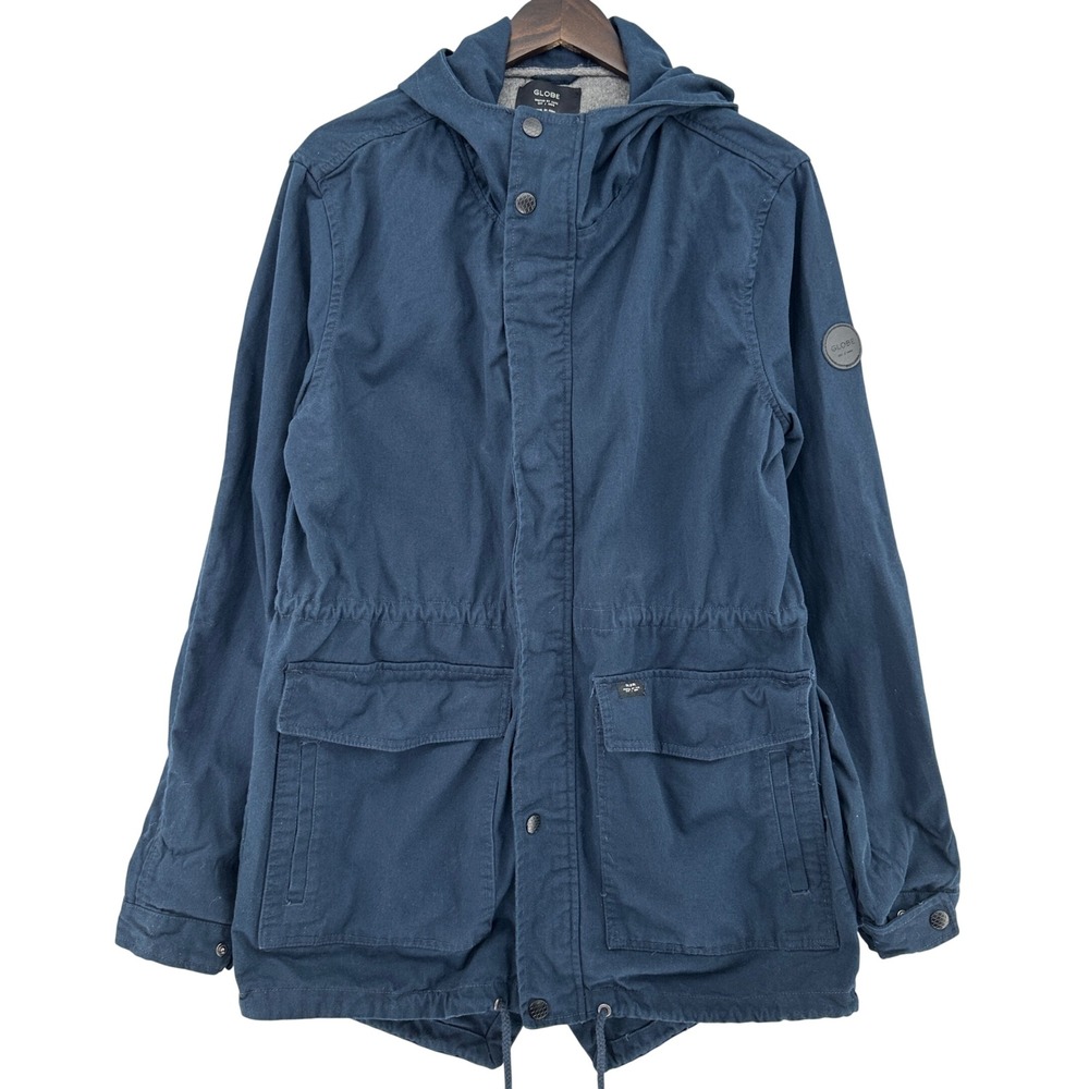 Globe Hooded Fishtail Parka Jacket Navy Blue Mens Large Gorpcore Cotton Outdoor